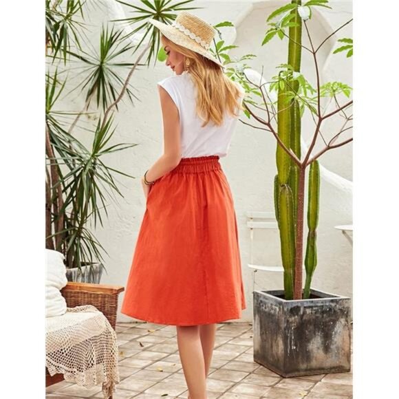 Women Casual Cotton Linen Skirts Frill Tie Waist A-Line Midi Skirt - Picture 4 of 14